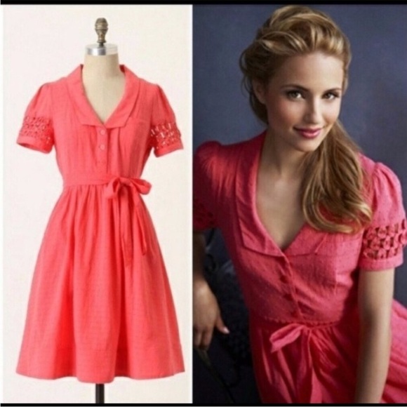 Maeve Anthropologie Coral 100% Cotton Swiss Dotted Belted Short Sleeve Dress 4 - Picture 1 of 8